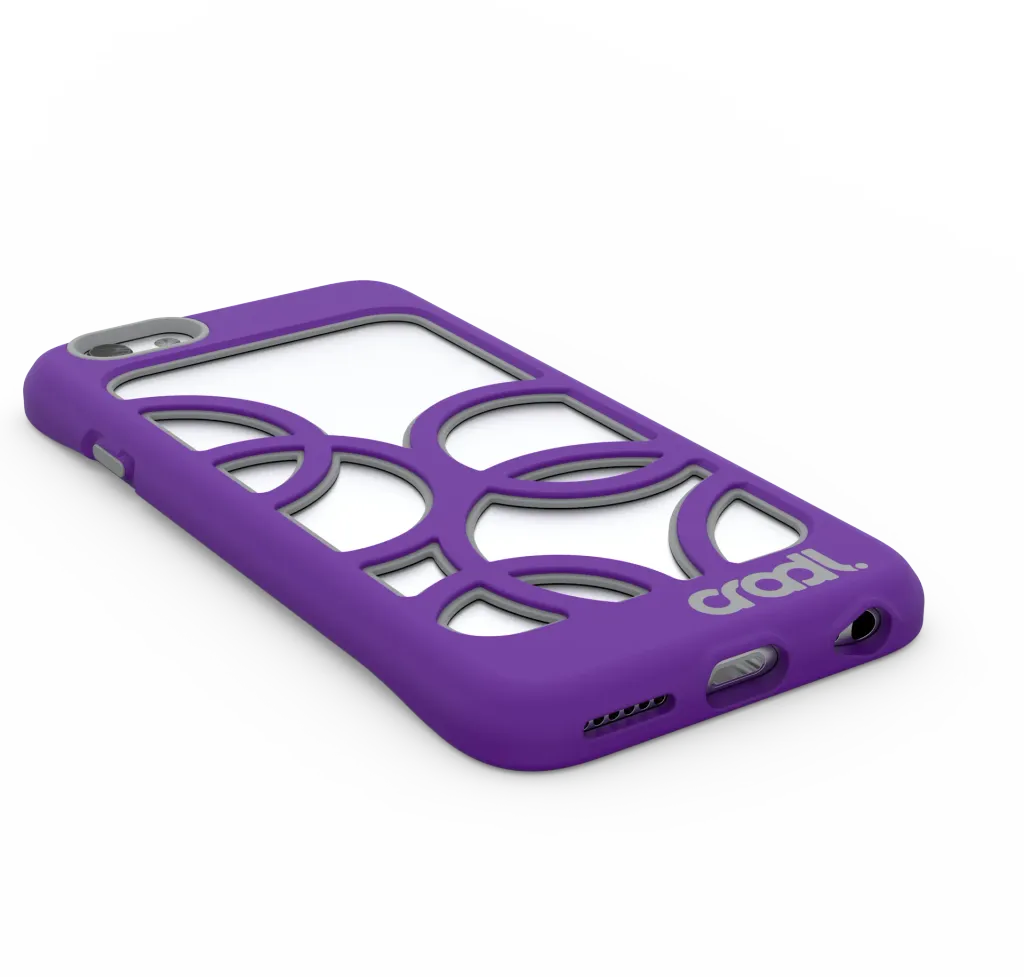 Render of a purple Cradl iPhone 6 case with a cut-out bubble pattern on the back and the cradl. logo