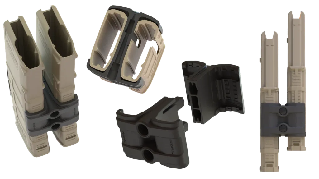 Renders of the Maglink: two tan PMAGs coupled side by side, the two black coupler halves separated, and a staggered side view