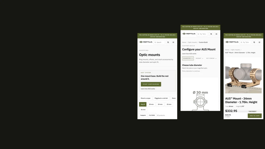 Three prototype phone screens for the Reptilia storefront on a charcoal background: optic mounts with diameter filters, the step-by-step AUS mount builder, and a product page with a sticky Add to Cart bar