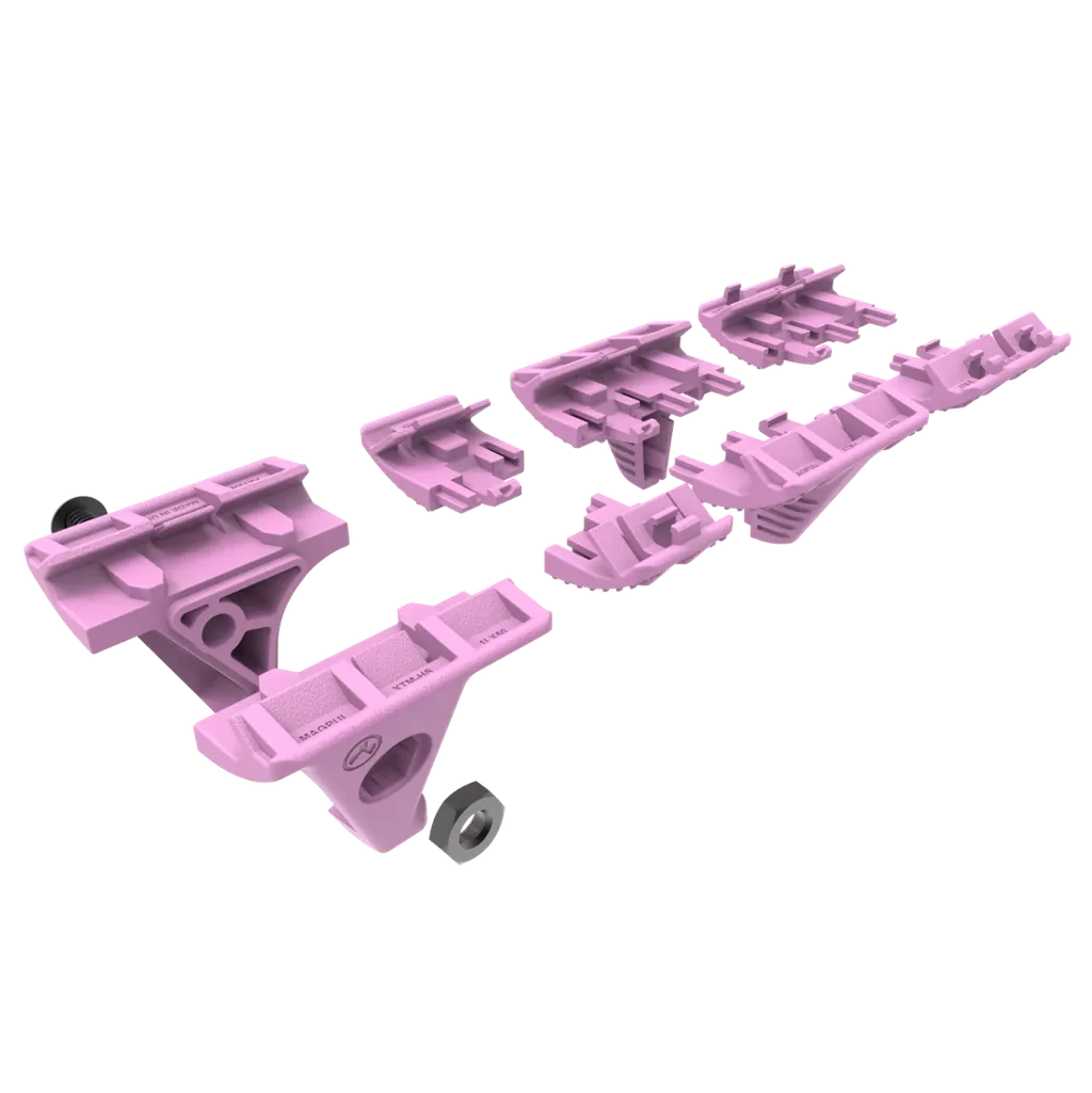 Exploded render of the kit in pink: the two-part hand stop with its bolt and nut, the finger index, and half and full covers laid out in rows