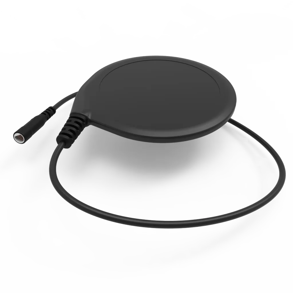 Rigid charging paddle with its cable, rendered on white